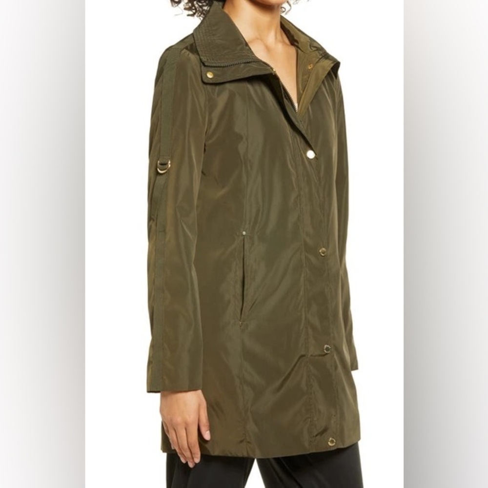 Via Spiga Packable Water Repellant Hooded Raincoat Olive Green Size XS - Picture 2 of 9